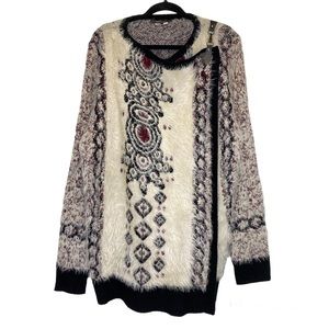 BCBG Max Azria Oversized Fuzzy Cardigan XL Aztec Leather Strap Closure Sweater